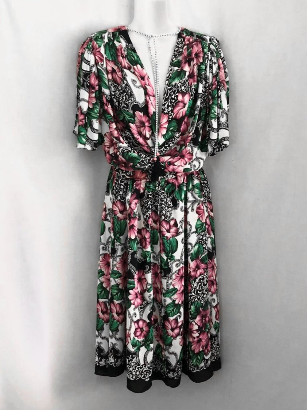 Diane Freis VTG 80sDraped Cowl Neck Georgette Floral Dress Petite M/L